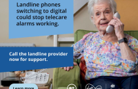 Elderly women with landline phone and telecare alarm. Overlaid with text: Landline phones are switching to digital. Call the landline provider now for support. 
